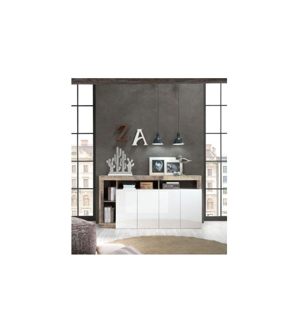 Buffet HAMBURG 4 portes – Blanc laqué brillant / Chêne Cadiz